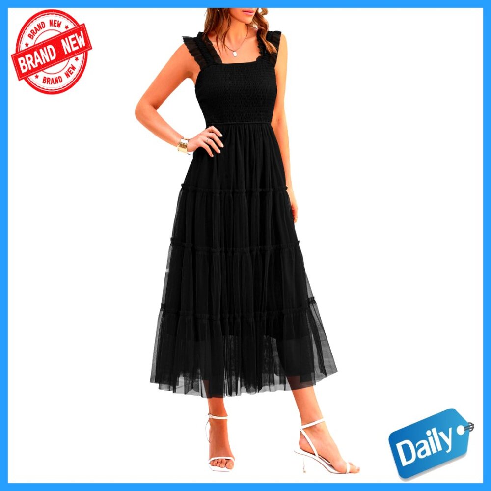 Tulle Midi Dress Smocked Ruffle Flowy Mesh Sleeveless Party Wedding Guest